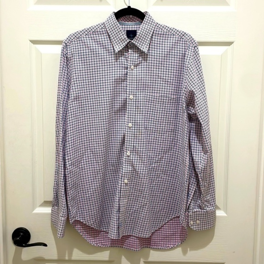 TailorByrd Blue with Pink Dots Gingham Long Sleeve Button Down Shirt Medium